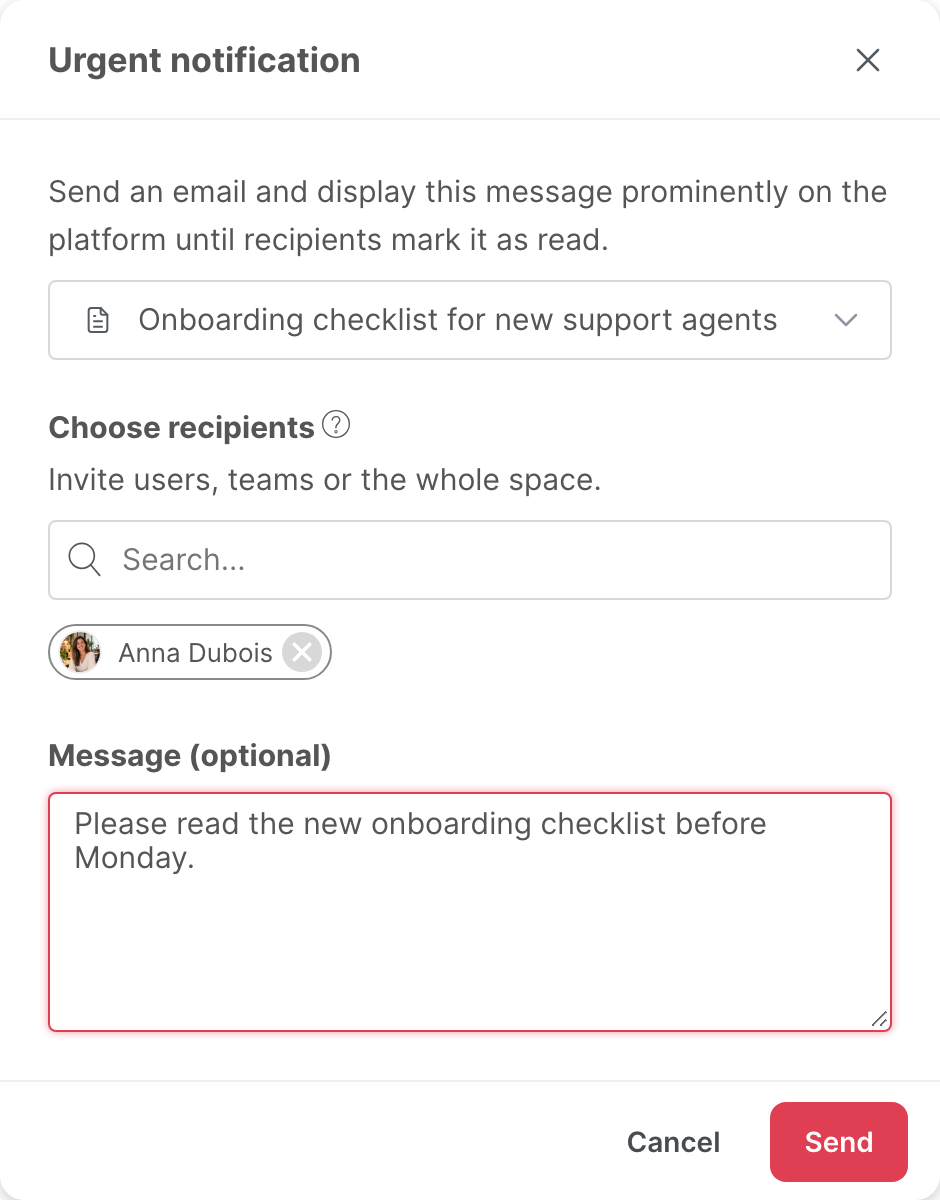 The Urgent notification window, filled in