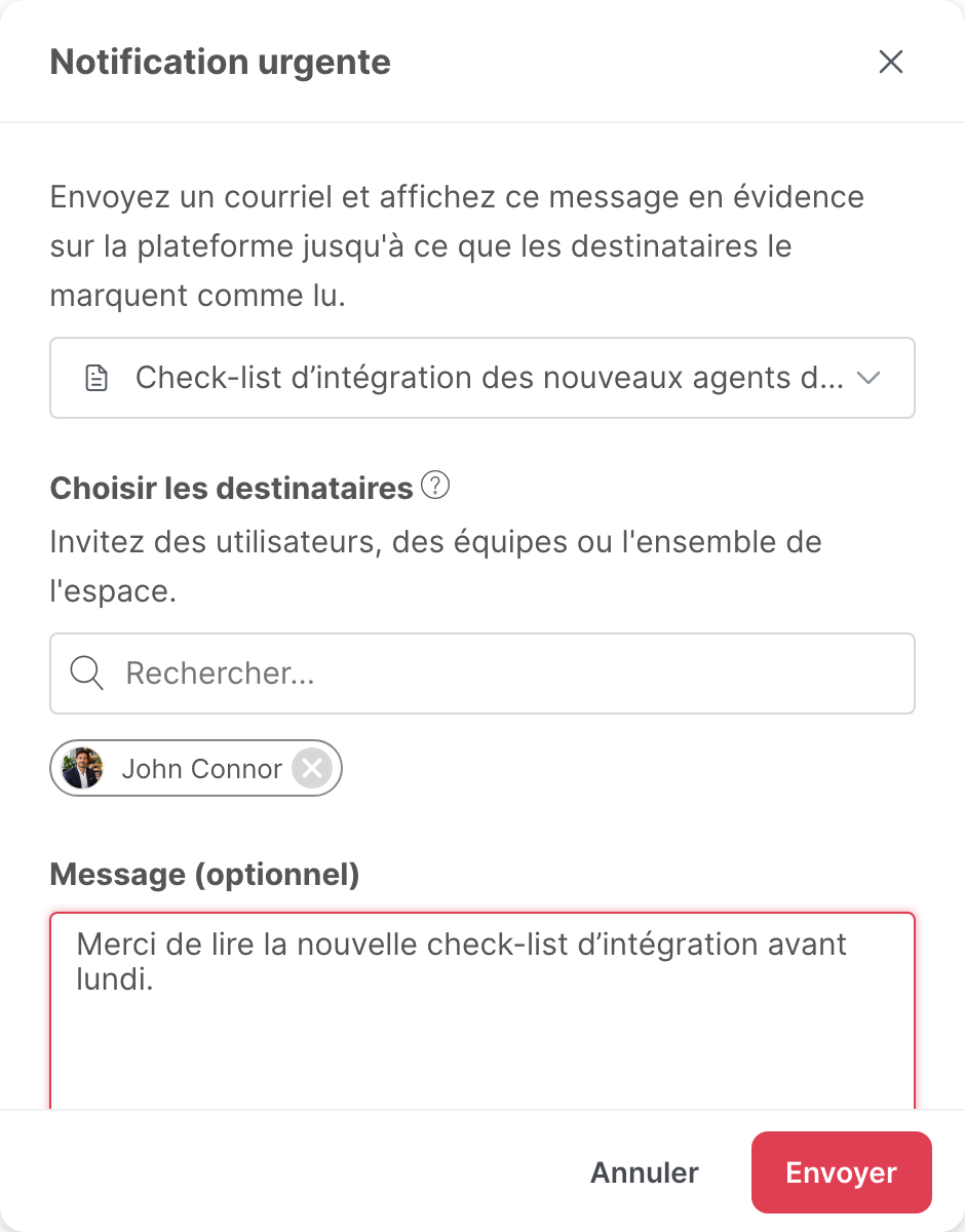 La fenêtre Notification urgente, remplie
