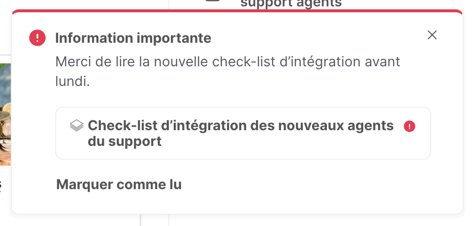 La notification urgente telle que la voit un destinataire, avec le bouton Marquer comme lu