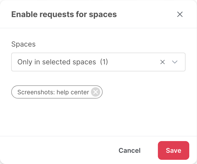 The Enable requests for spaces window, with one space selected