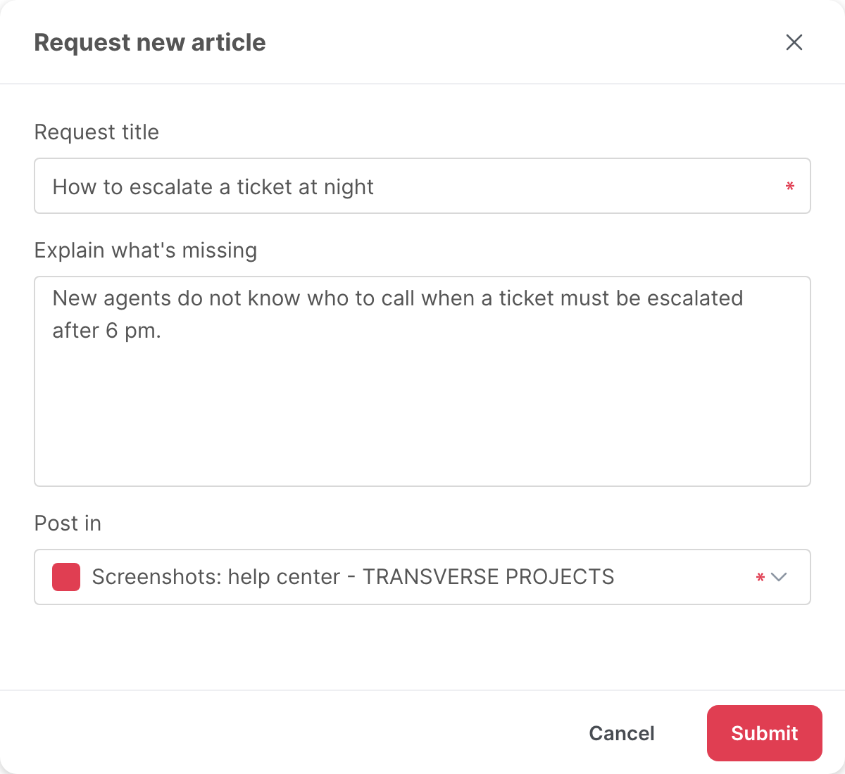 The Request new article window, filled in