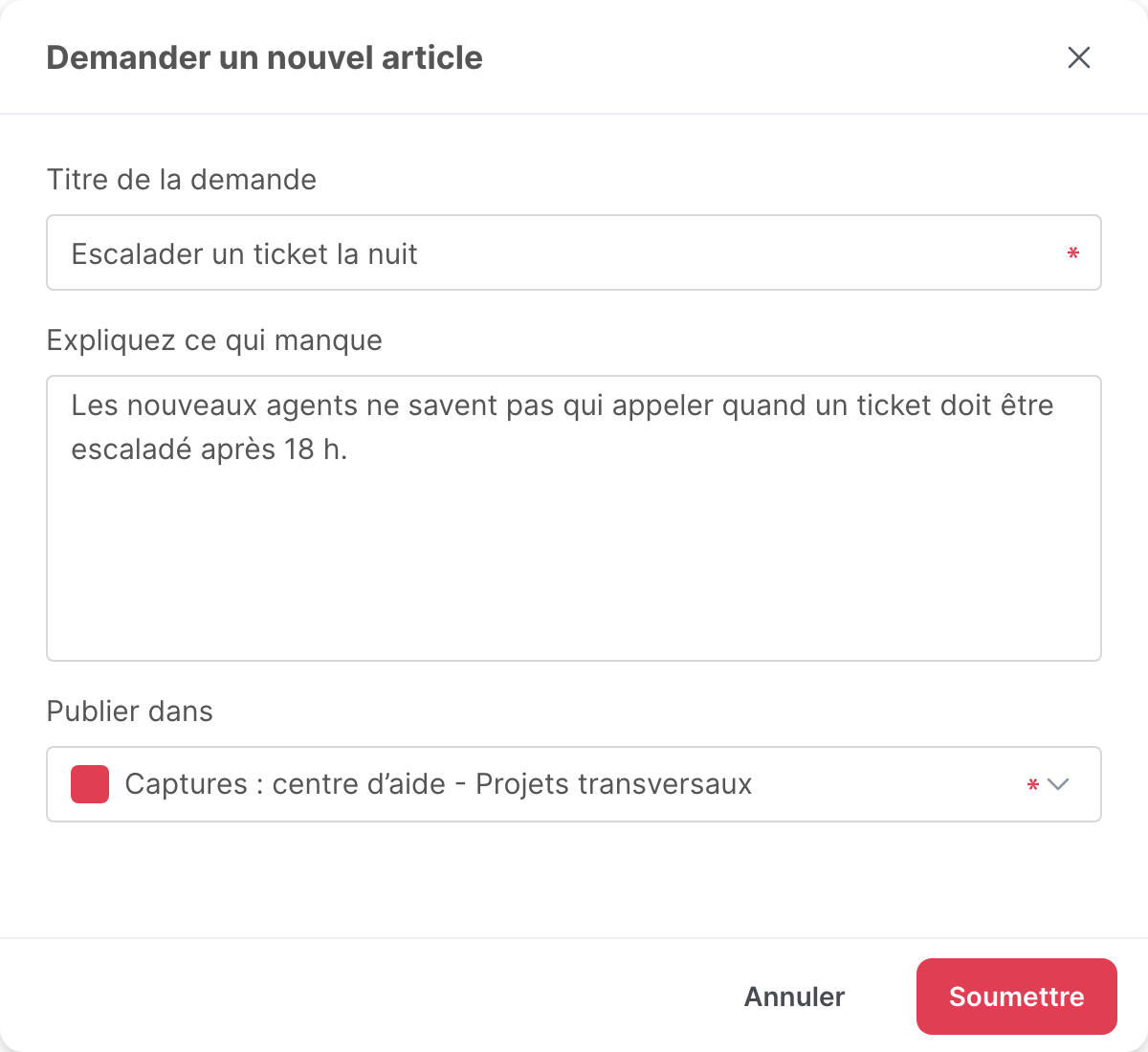 La fenêtre Demander un nouvel article, remplie