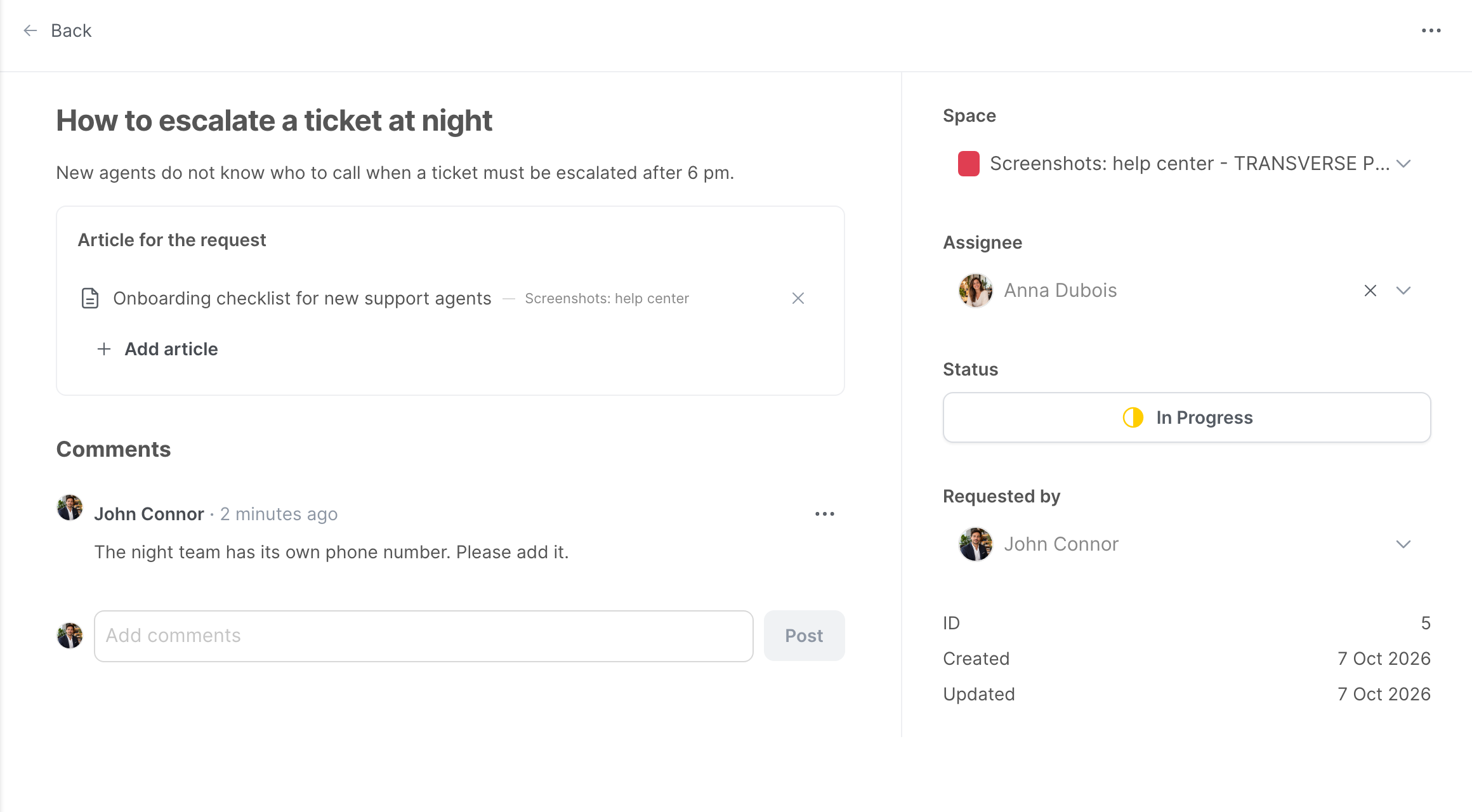 A request, with a linked article and a comment