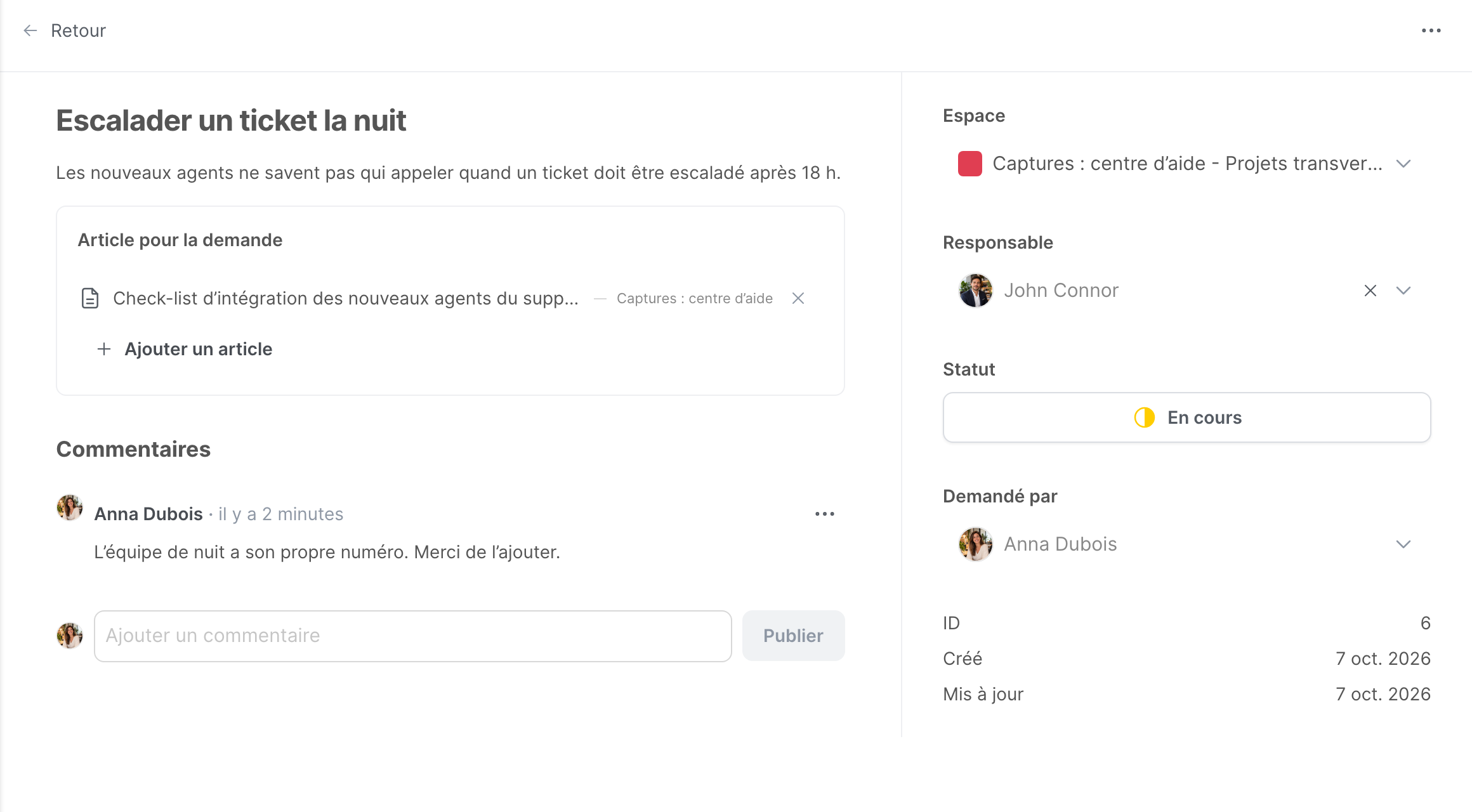 Une demande, avec un article lié et un commentaire