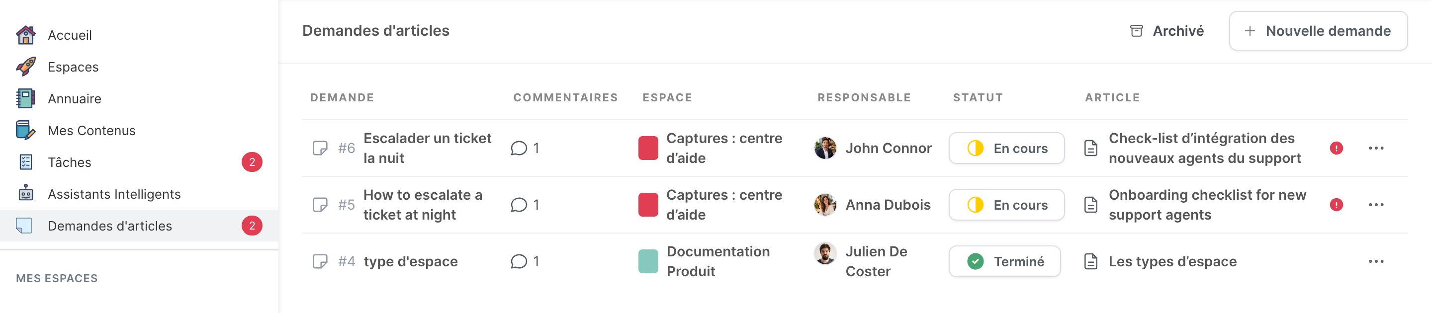 La page Demandes d’articles, avec trois demandes