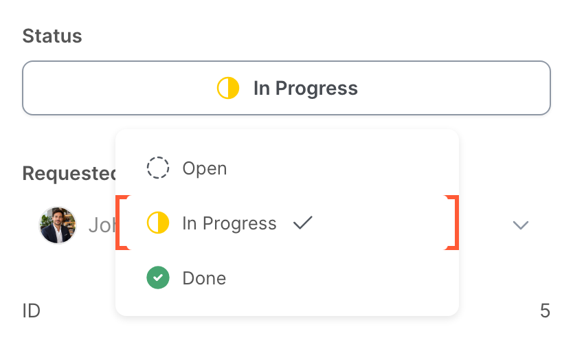 The Status menu of a request, with Open, In Progress and Done