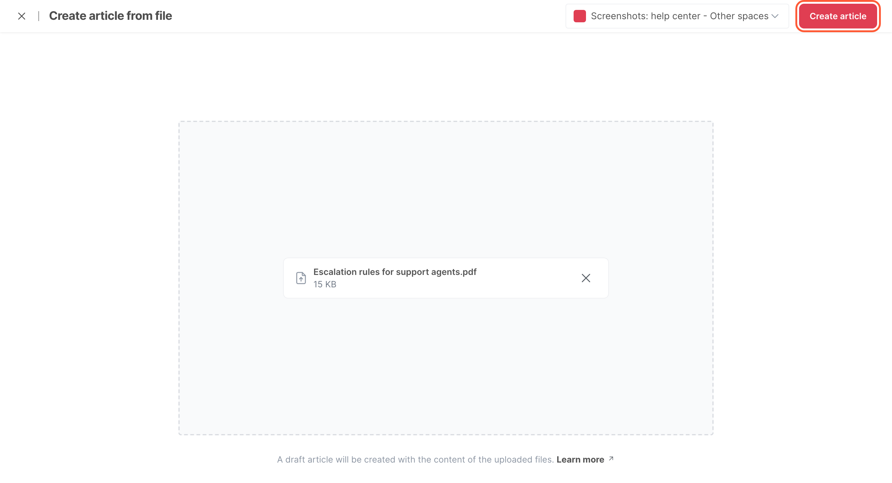 The Create article from file page, with a PDF file ready to import