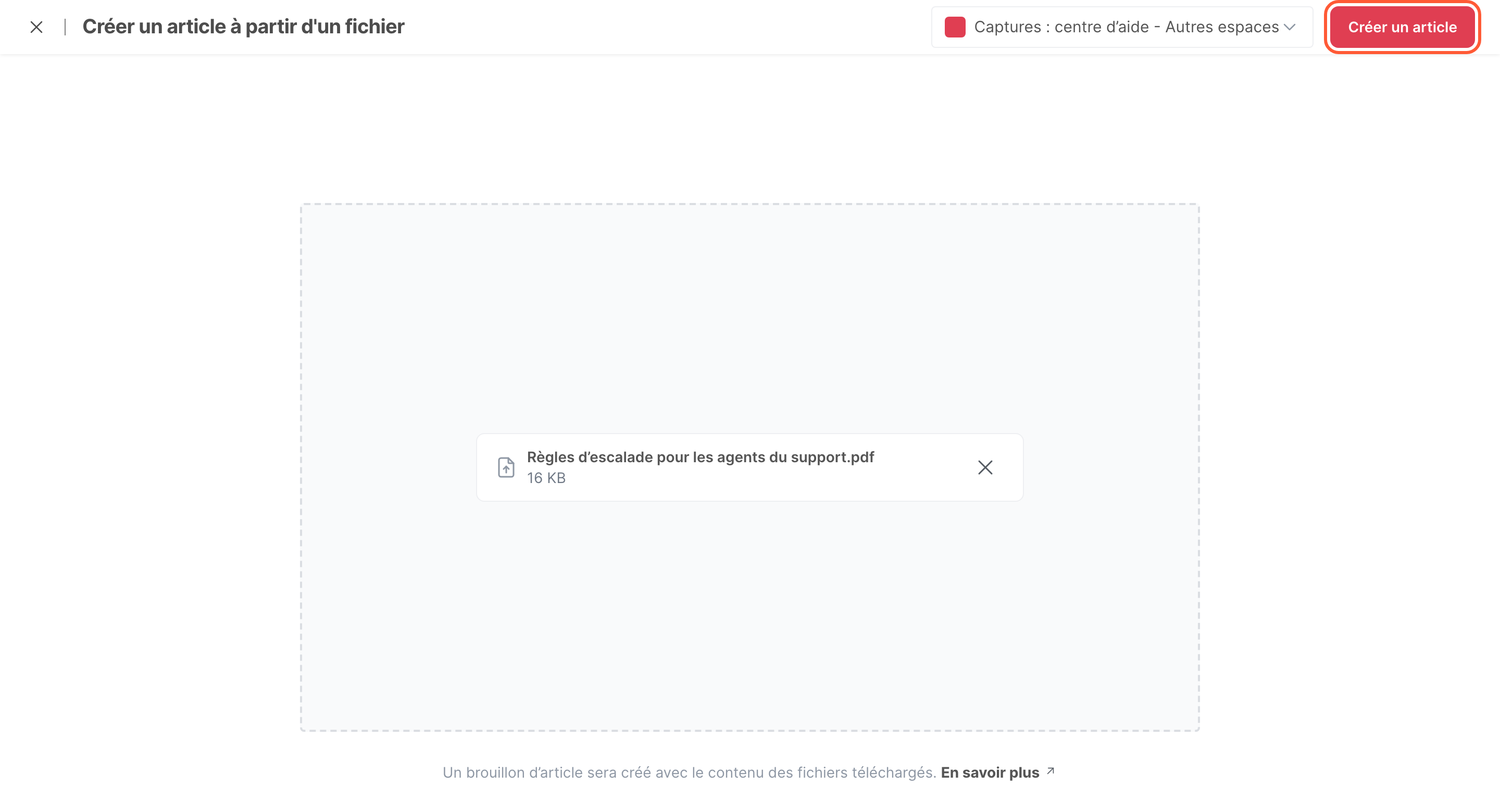 La page Créer un article à partir d’un fichier, avec un fichier PDF prêt à être importé
