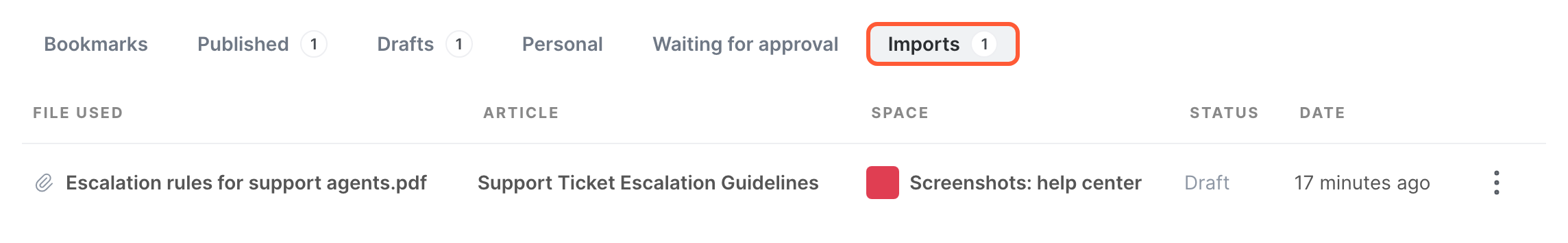 The Imports tab, with an imported file and its article