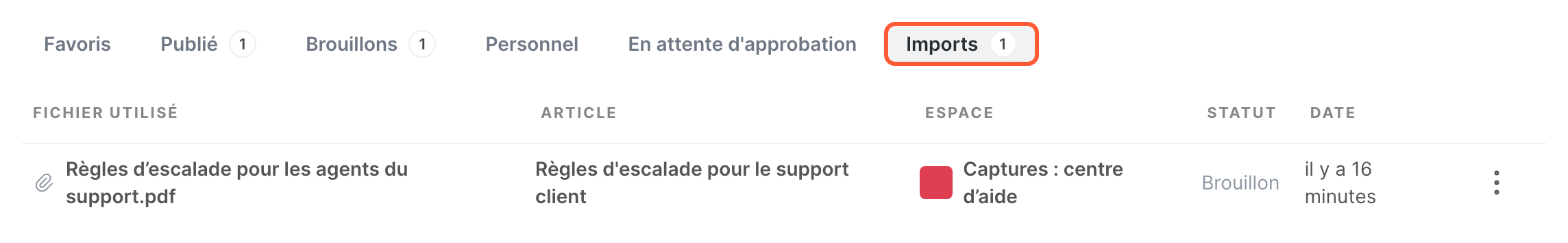 L’onglet Imports, avec un fichier importé et son article