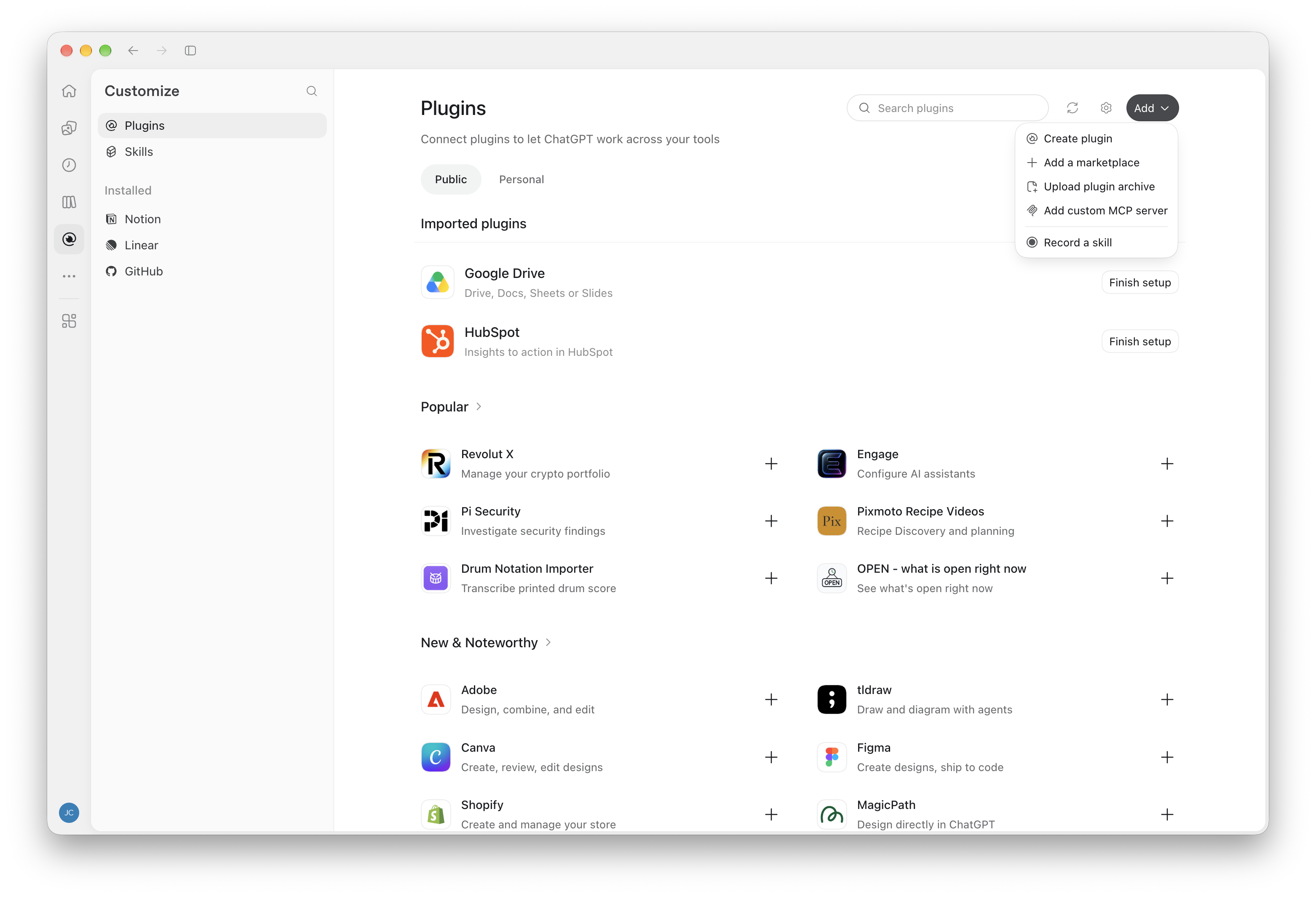 Le menu Add de la page Plugins de ChatGPT, avec l’option Add custom MCP server