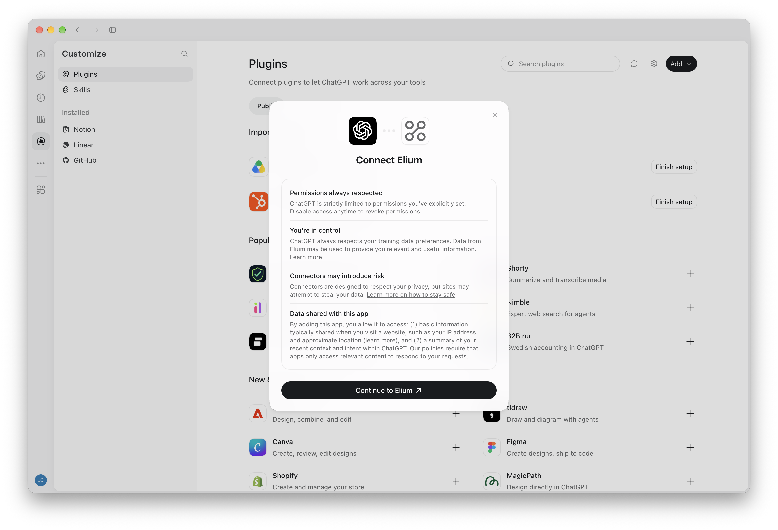 La fenêtre Connect Elium dans ChatGPT, avec le bouton Continue to Elium