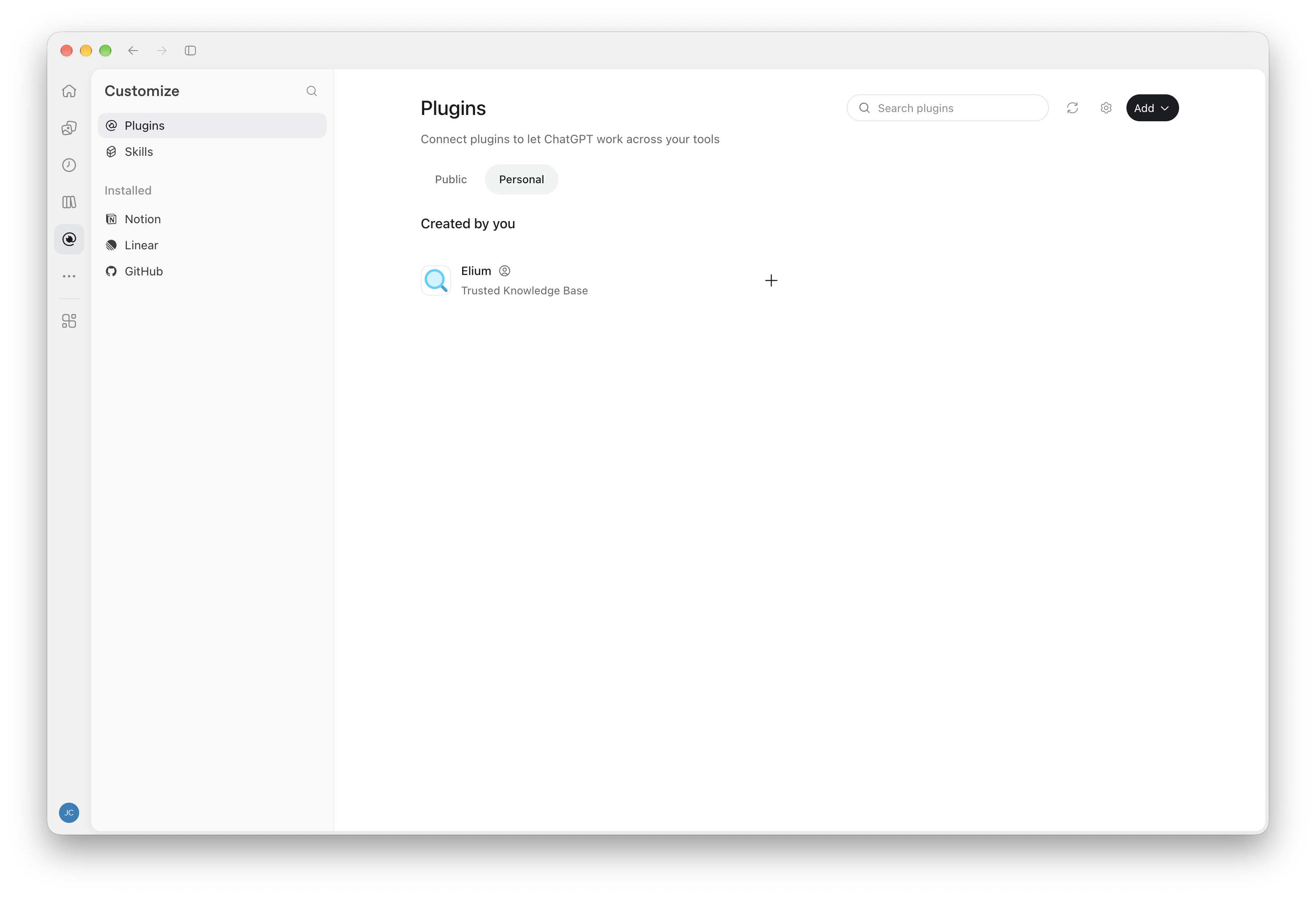 L’onglet Personal de la page Plugins de ChatGPT, avec Elium sous Created by you