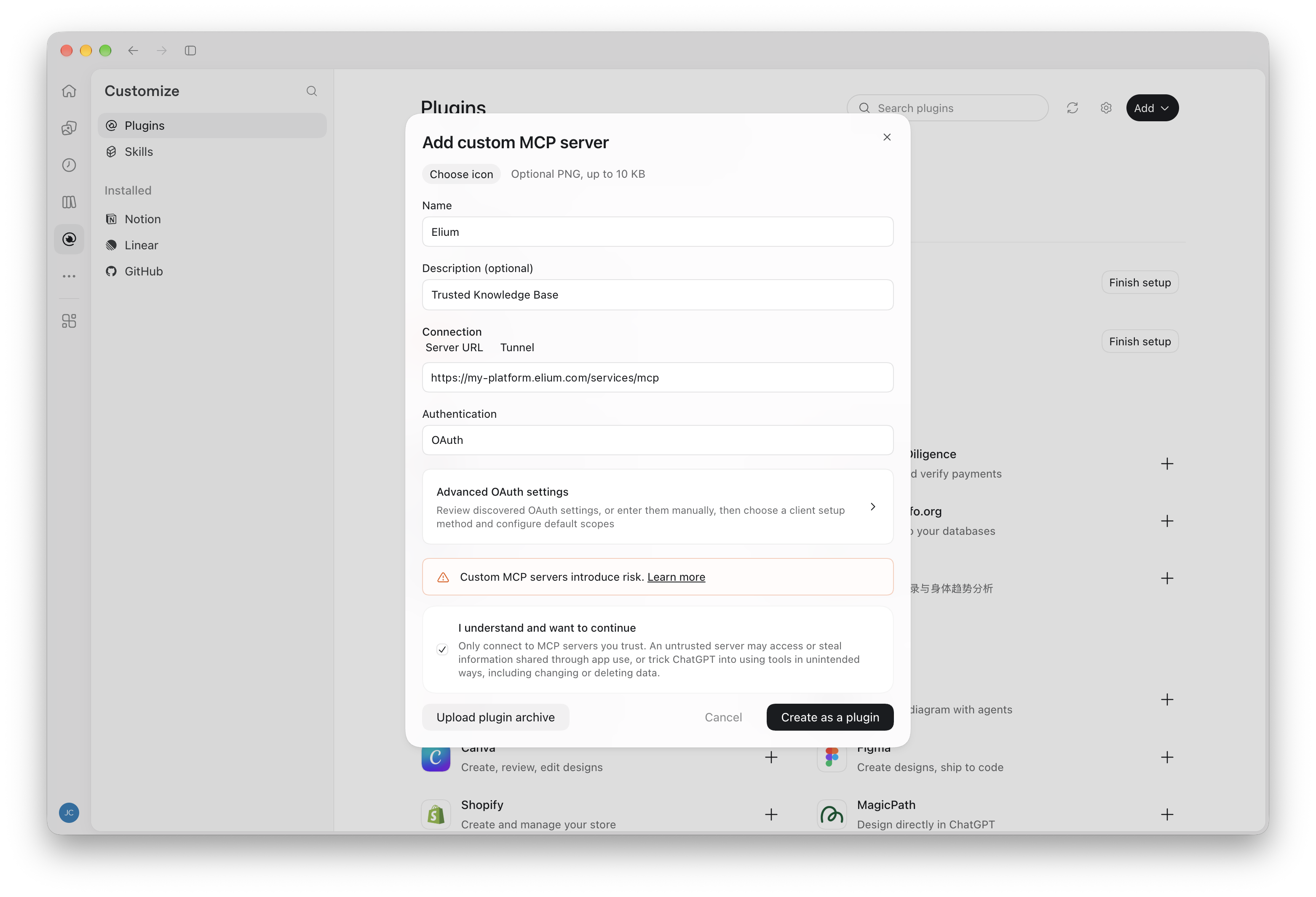 Le formulaire Add custom MCP server rempli pour Elium, avec l’URL du serveur et OAuth