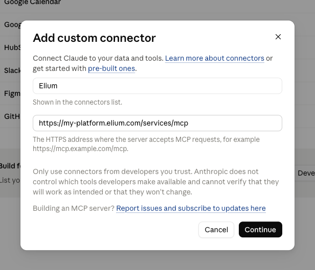 Le formulaire Add custom connector rempli pour Elium, avec l’URL du serveur