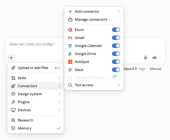 Le menu Connectors d’une conversation Claude, avec Elium activé