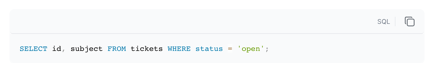 Un bloc Code avec une requête SQL