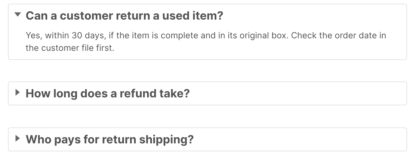 Three collapse blocks used as a list of frequently asked questions, with the first one open