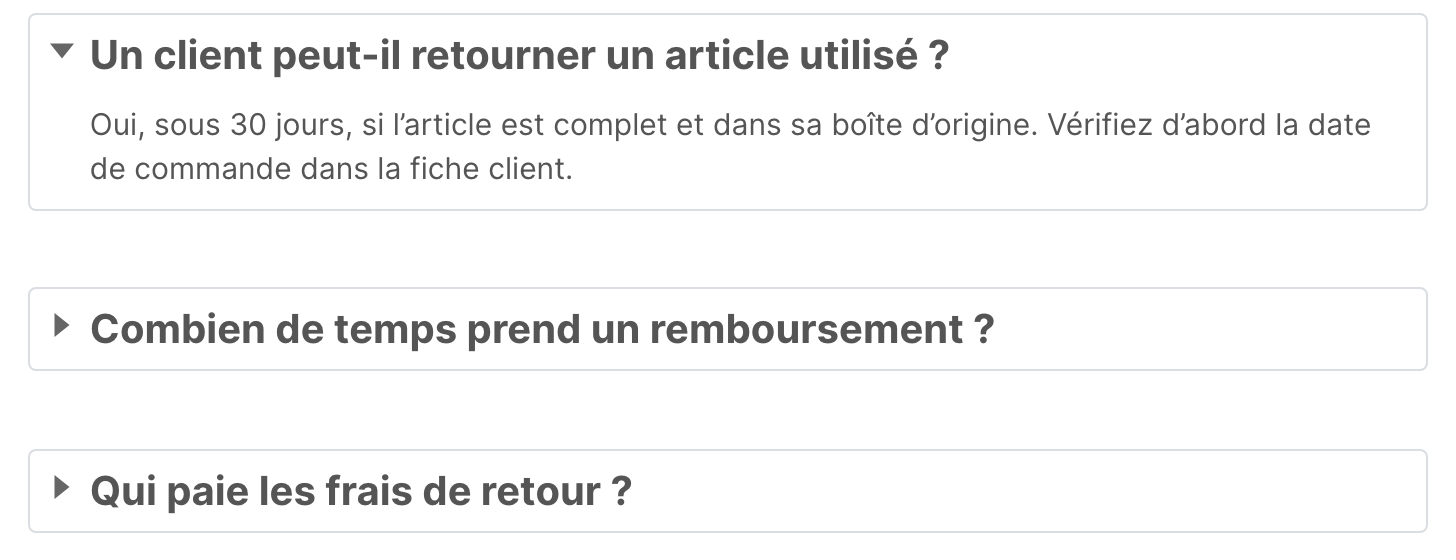 Trois blocs Accordéon qui forment une foire aux questions, avec le premier ouvert