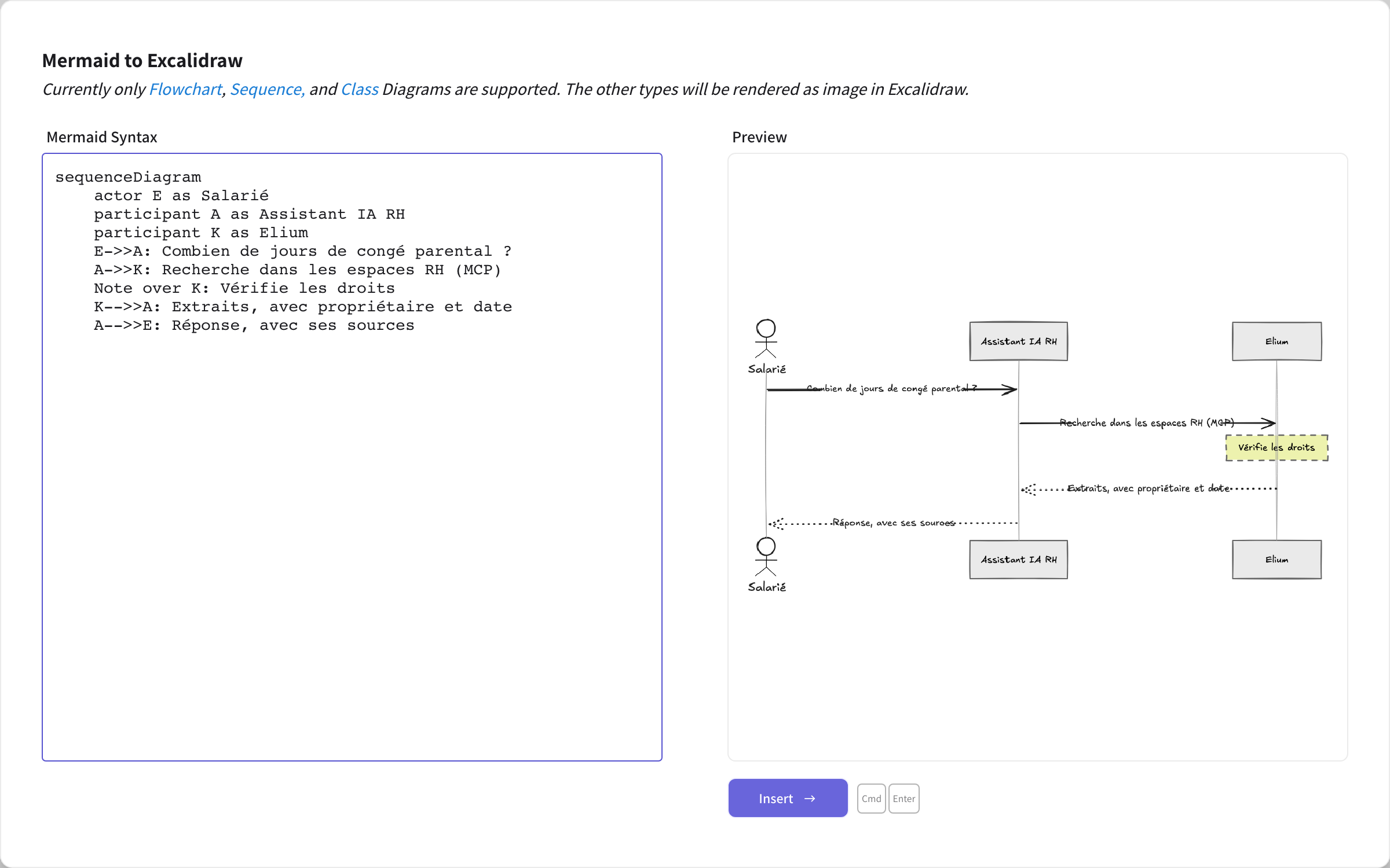 La fenêtre Mermaid to Excalidraw, avec le texte Mermaid à gauche et l’aperçu du schéma à droite
