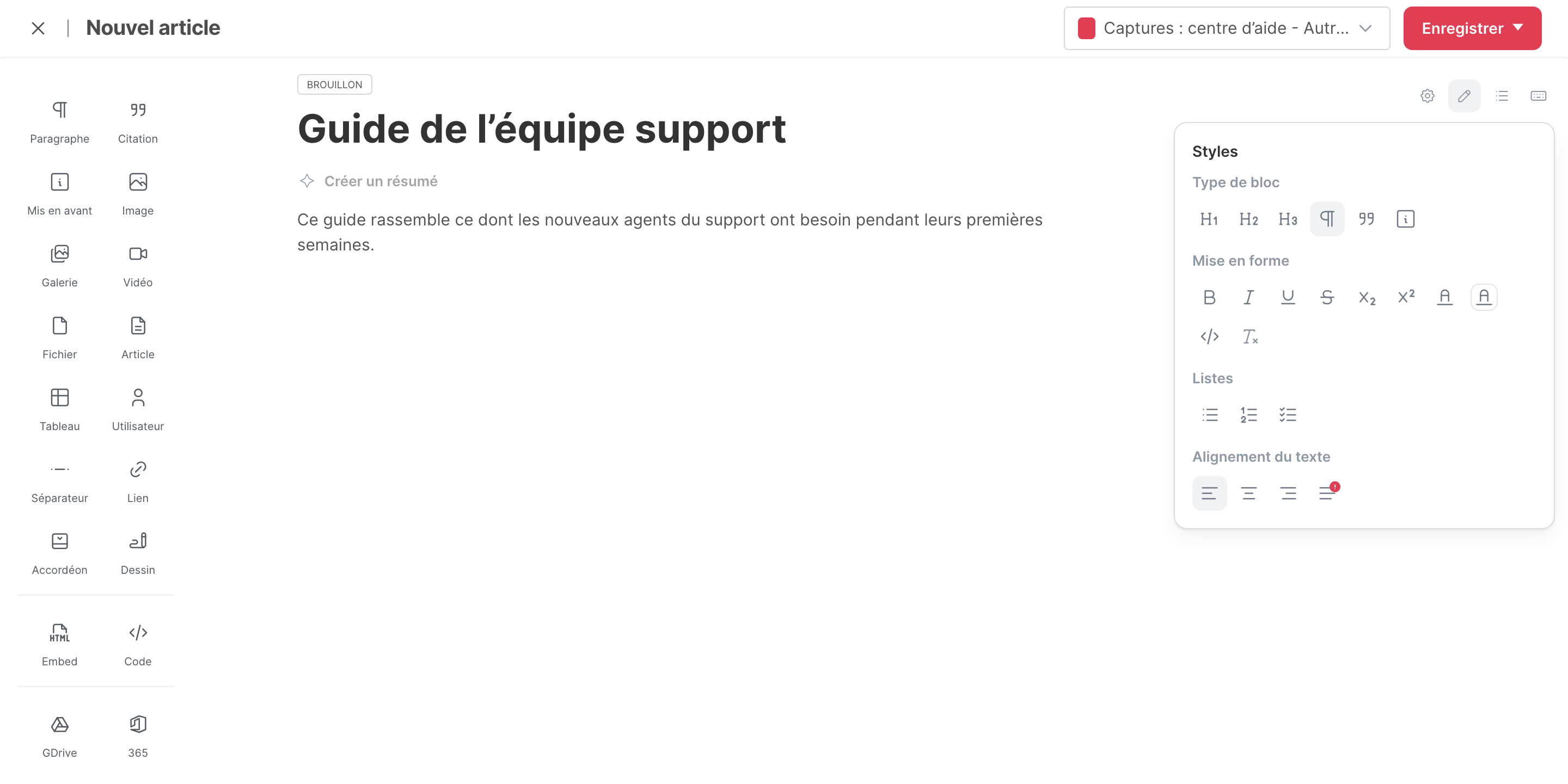 L’éditeur, avec les blocs à gauche et le panneau Styles à droite