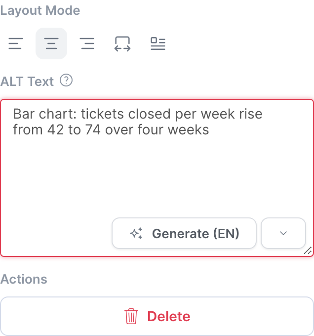 The options of a selected image: layout, alt text and the Generate button