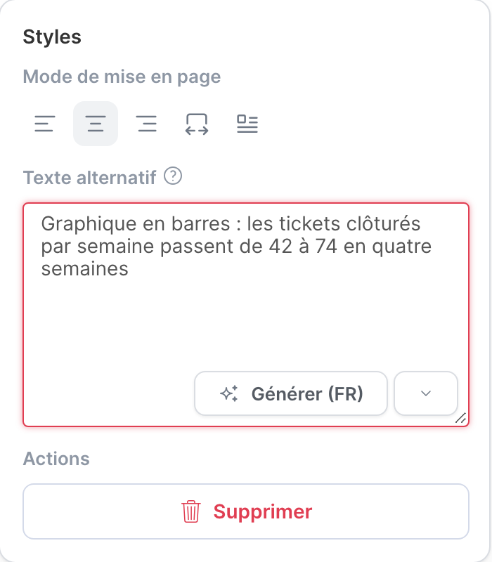 Les options d’une image sélectionnée : mise en page, texte alternatif et bouton Générer