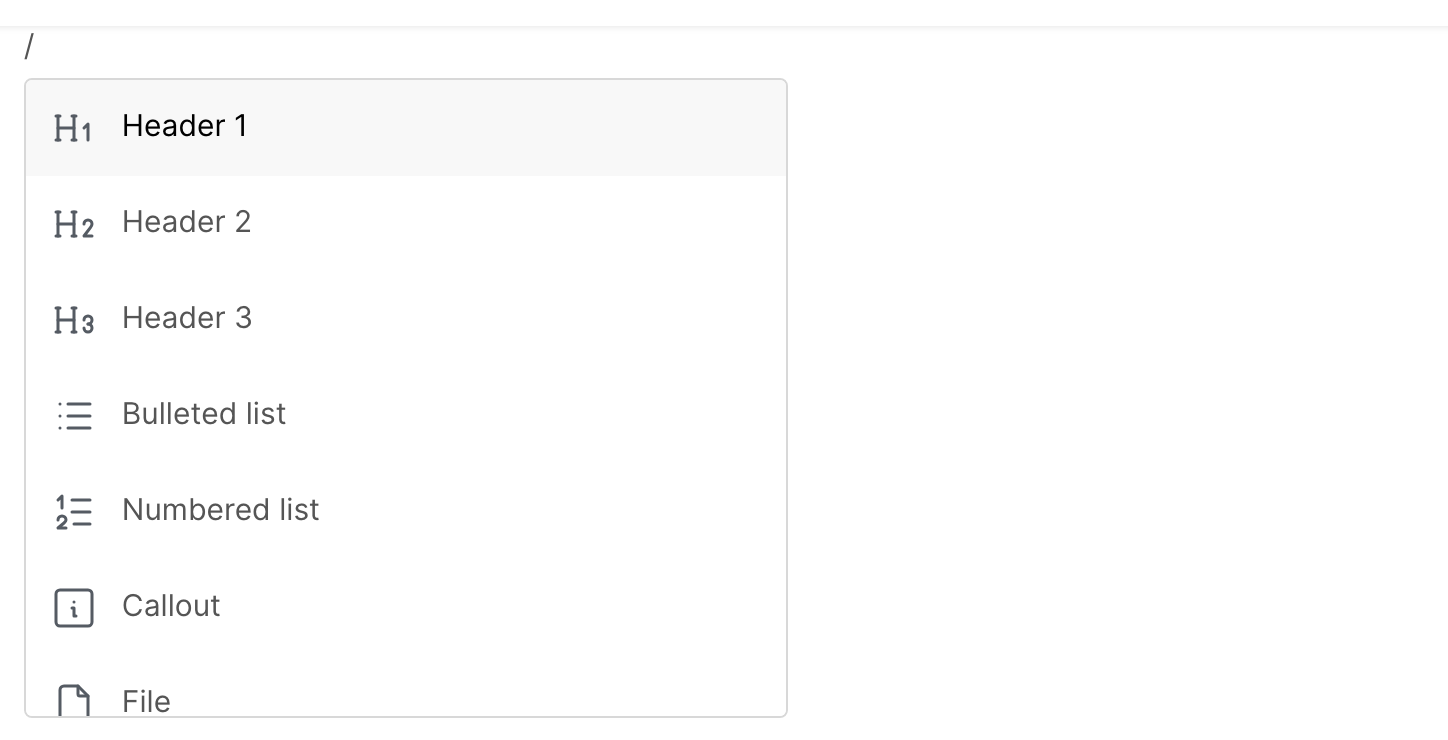 The list of blocks that opens when you type a slash