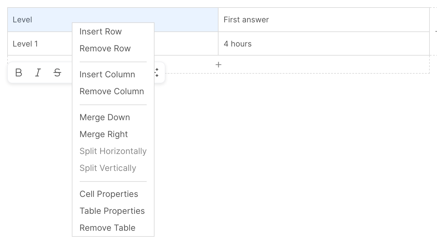 The menu that opens when you right-click a table
