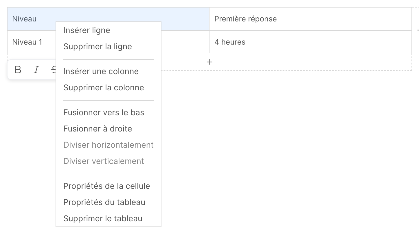Le menu qui s’ouvre au clic droit sur un tableau