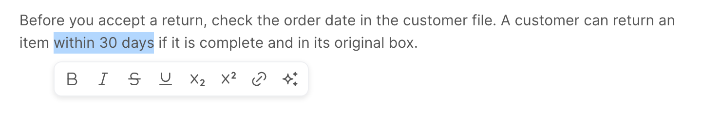 Selected text in an article, with the small formatting toolbar under it