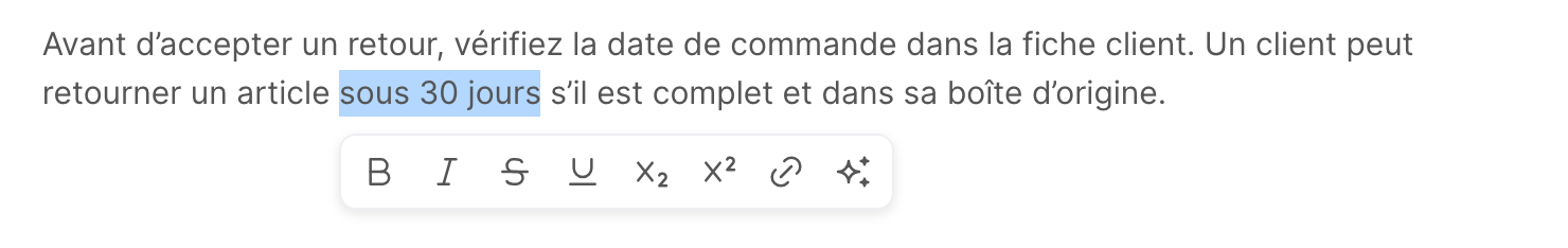 Du texte sélectionné dans un article, avec la petite barre d’outils de mise en forme en dessous
