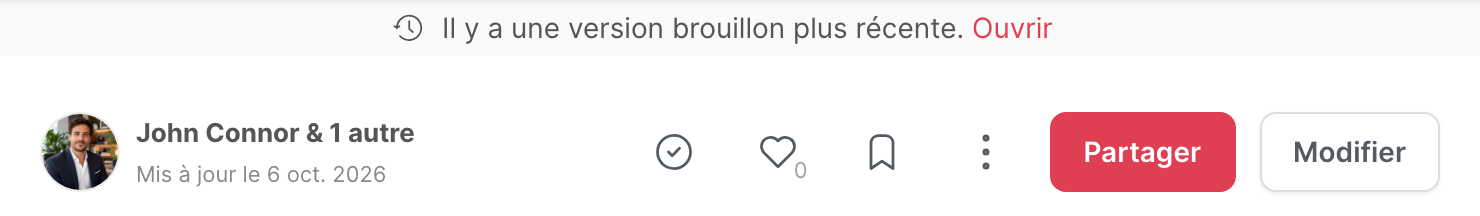 Le message signalant un brouillon plus récent, en haut d’un article