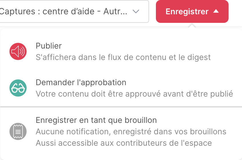 Le menu Enregistrer d’un nouvel article, avec l’option Enregistrer en tant que brouillon