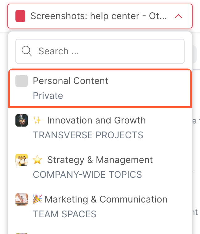 The list of spaces, with Personal Content at the top