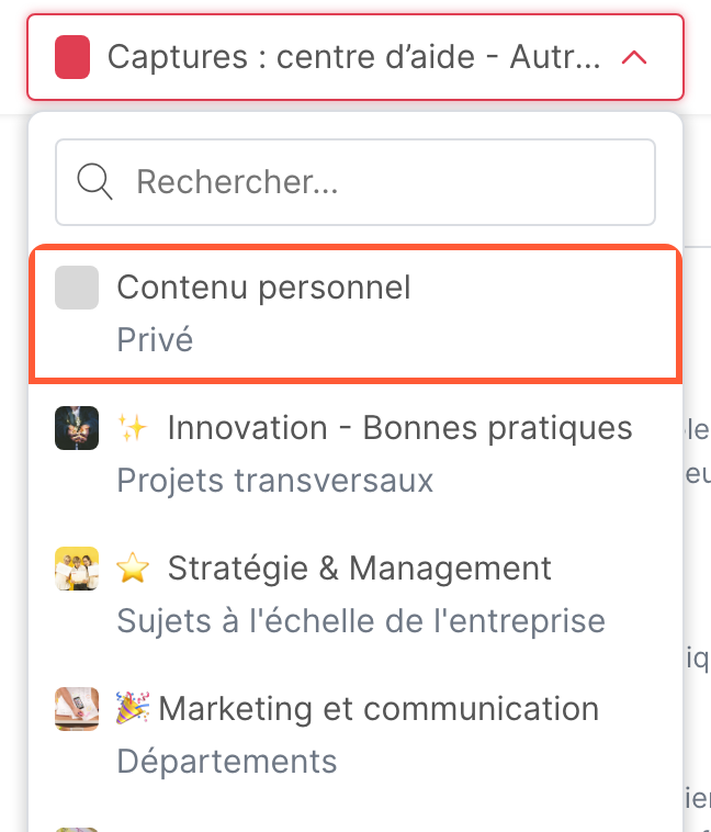 La liste des espaces, avec Contenu personnel en premier