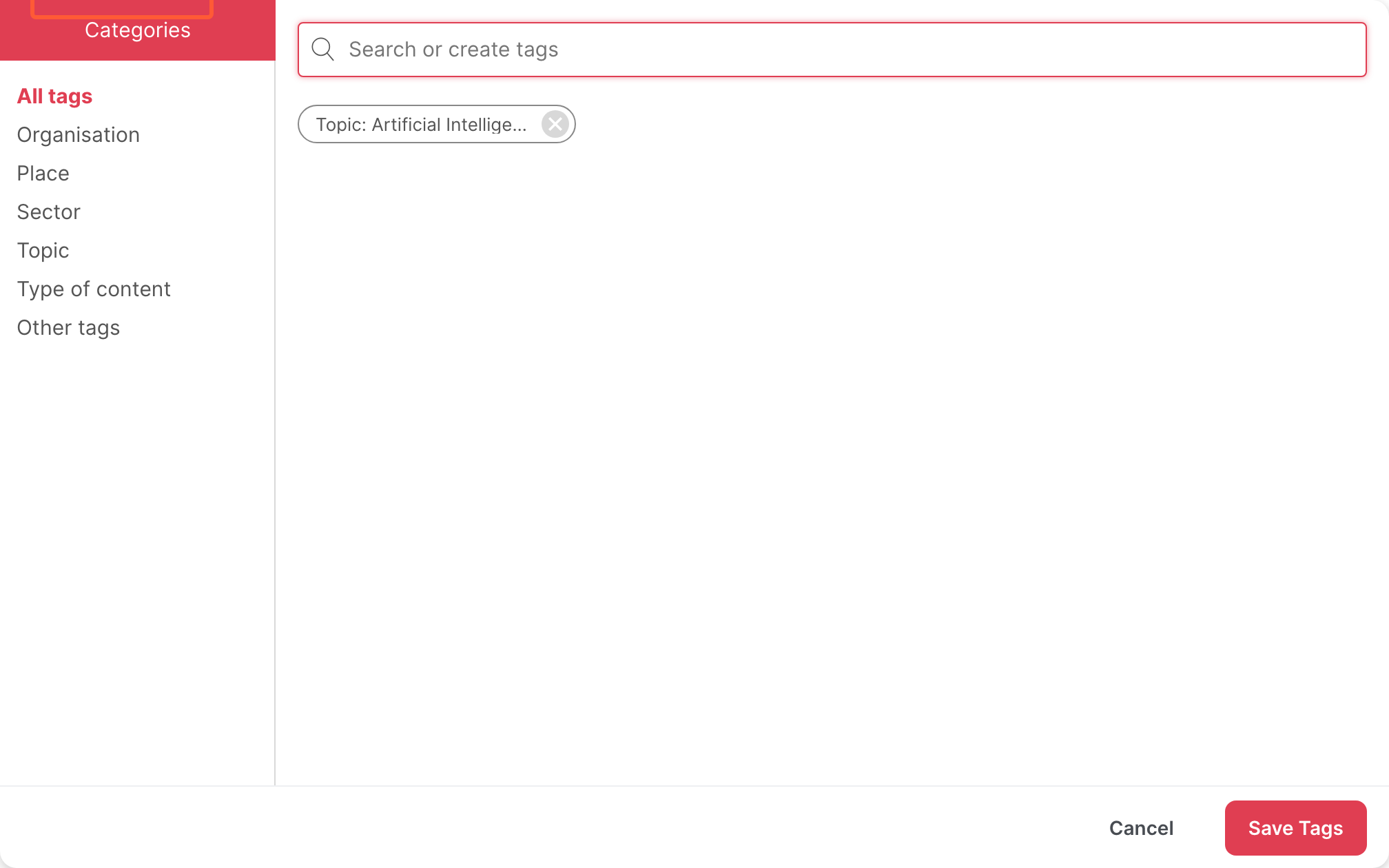 The tag window, with the categories on the left, the search box and the suggestions