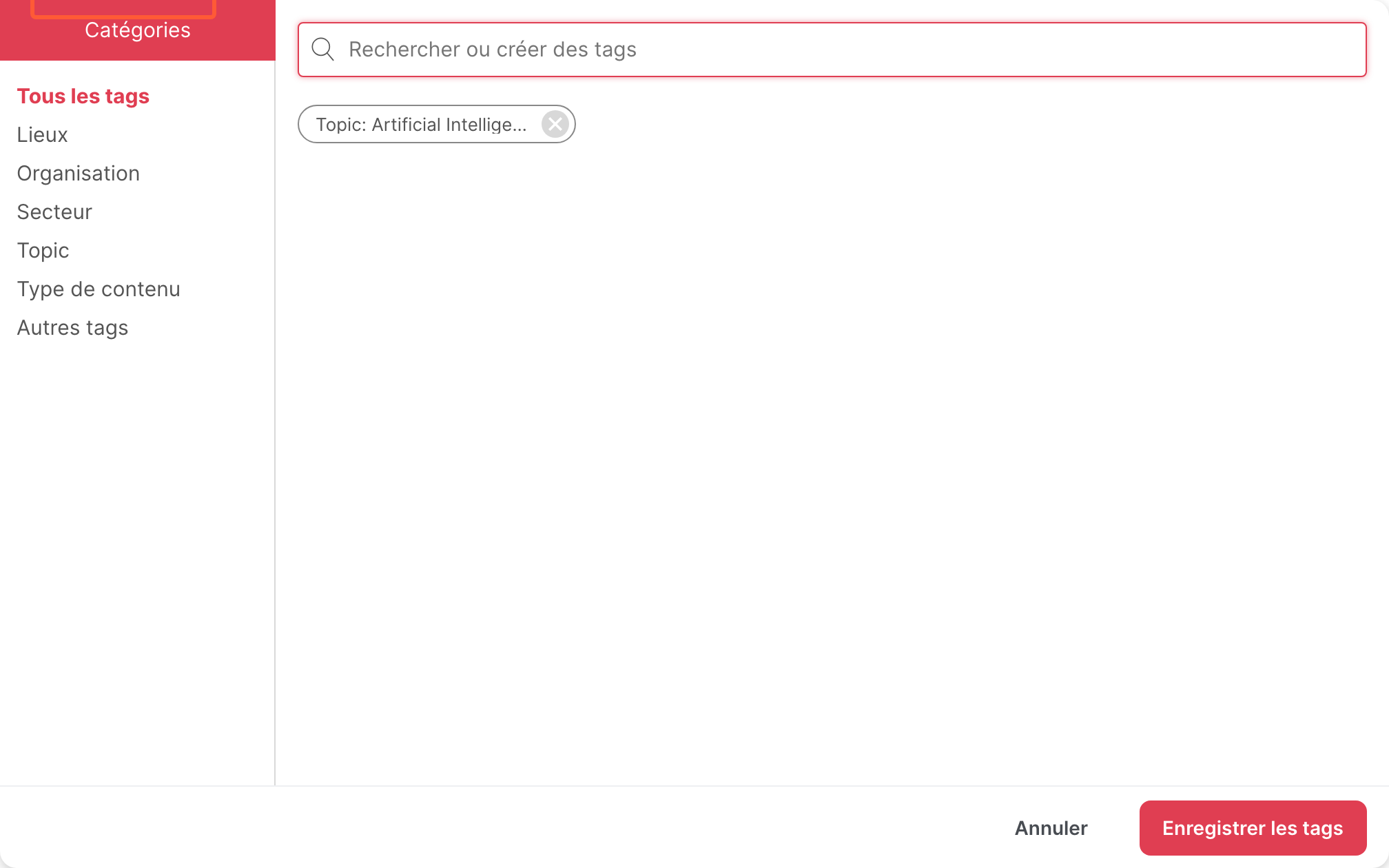 La fenêtre des tags, avec les catégories à gauche, le champ de recherche et les suggestions