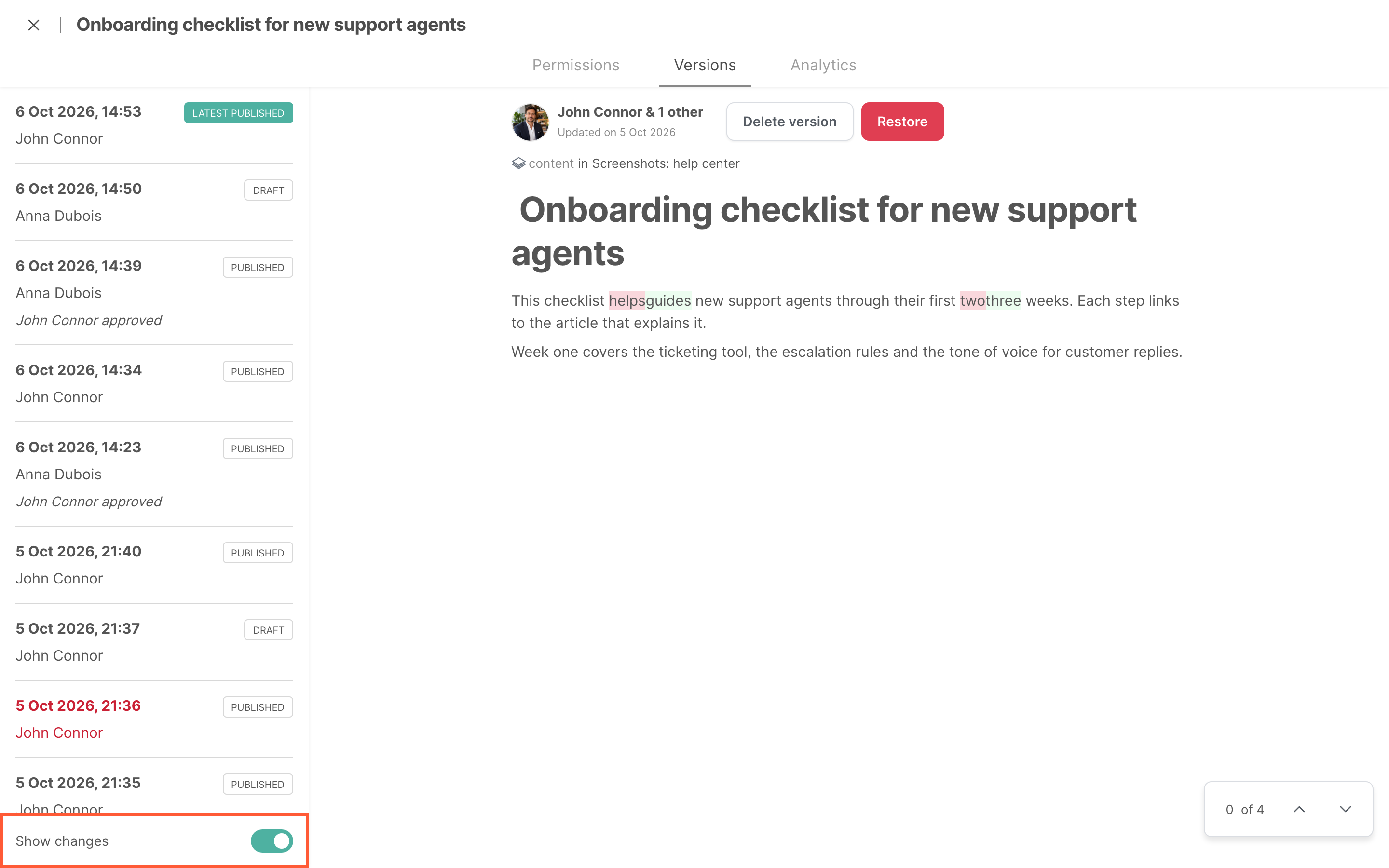 The Versions page, with the list of versions and the changes in green and red