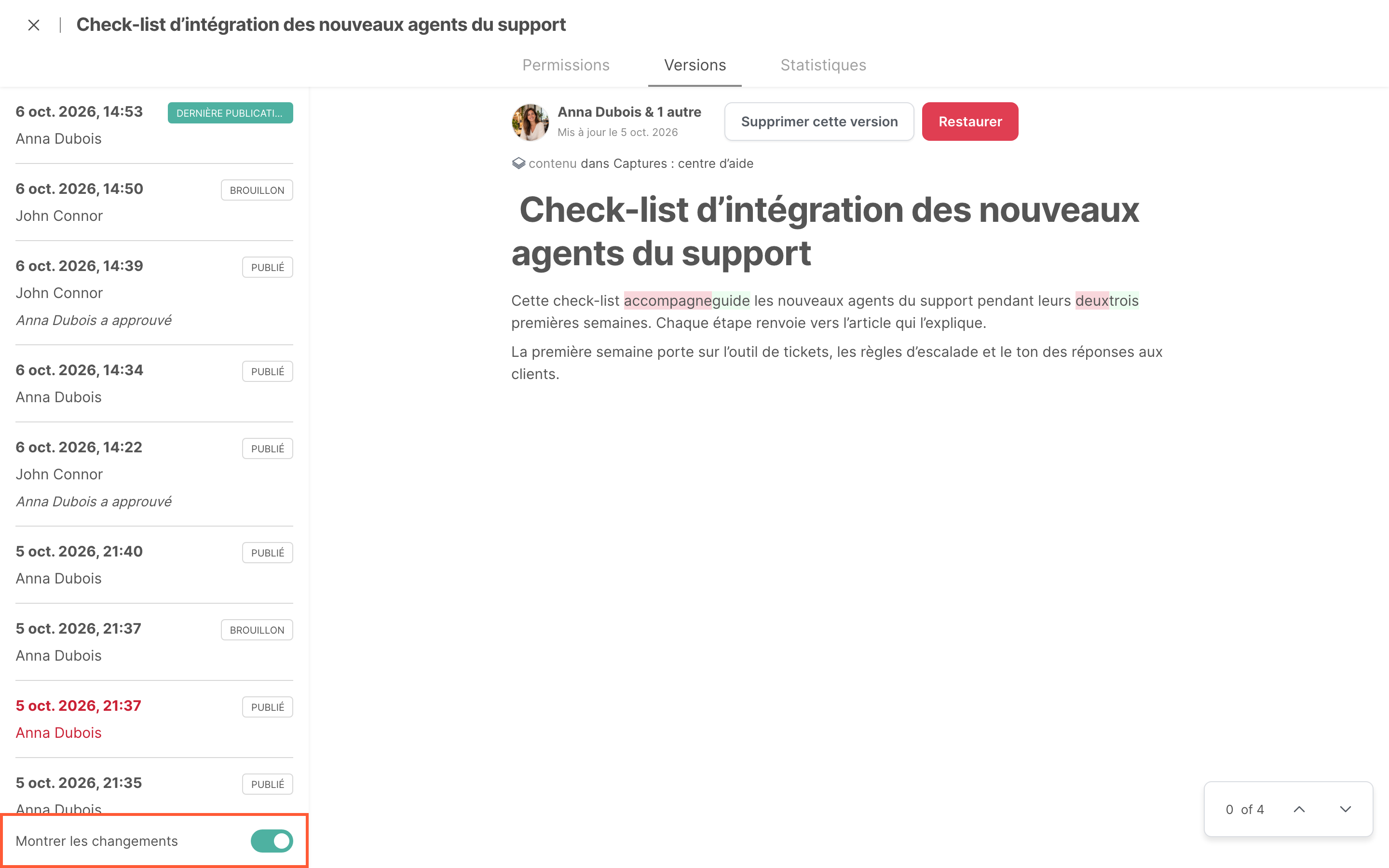La page Versions, avec la liste des versions et les changements en vert et en rouge