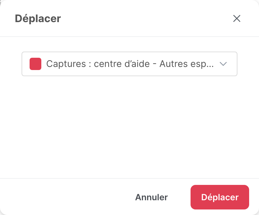La fenêtre Déplacer, avec la liste des espaces