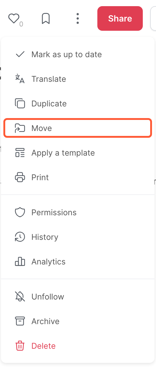 The menu of an article, with the Move option