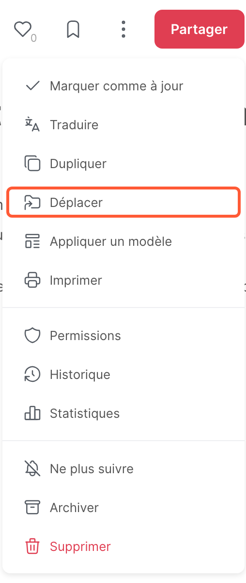 Le menu d’un article, avec l’option Déplacer