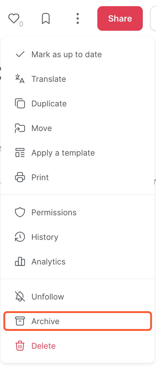 The menu of an article, with the Archive option