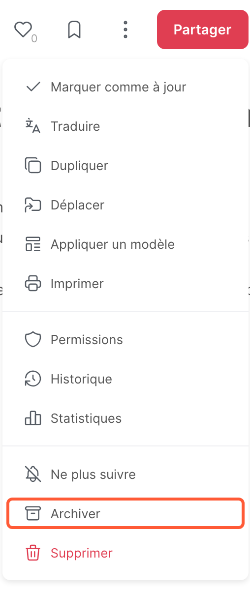 Le menu d’un article, avec l’option Archiver
