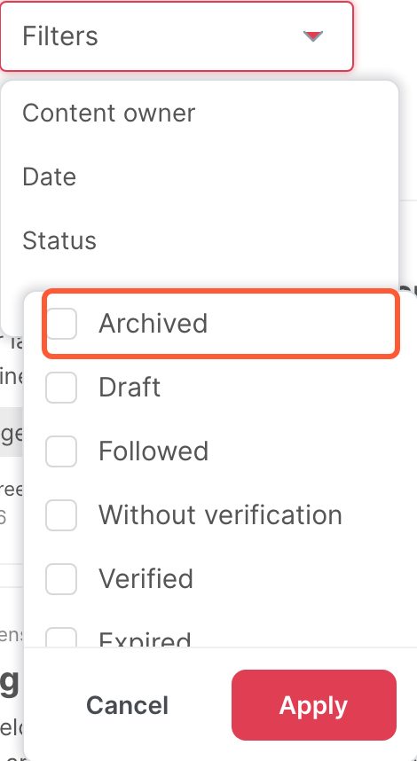 The Status filter, with the Archived option