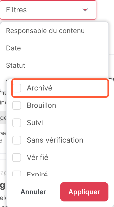 Le filtre Statut, avec l’option Archivé