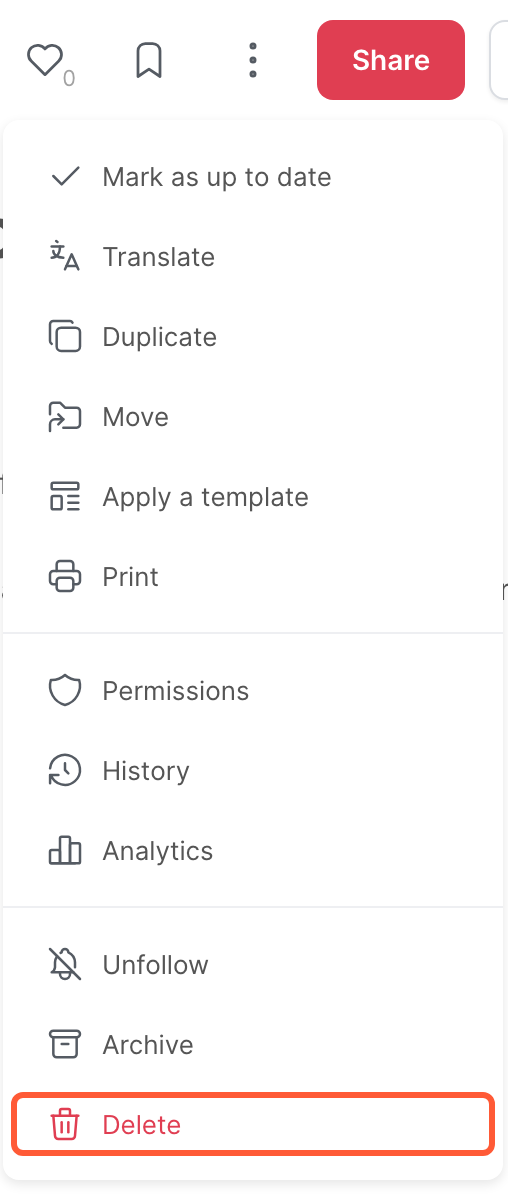 The menu of an article, with the Delete option