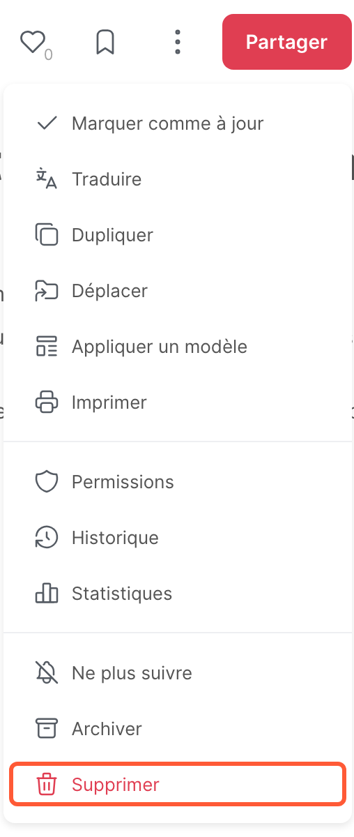 Le menu d’un article, avec l’option Supprimer
