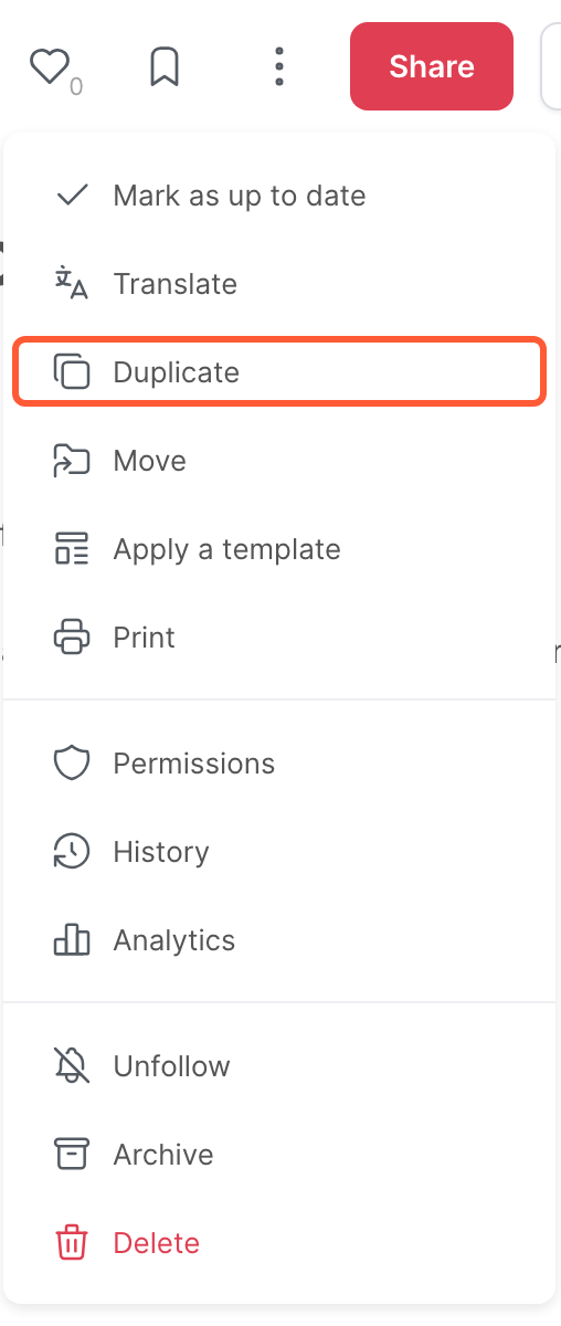 The menu of an article, with the Duplicate option